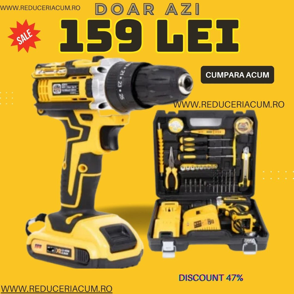 Trusa bormasina LEICH MANN, 2 acumulatori, 36V, 5Ah, incarcator si 30 accesorii, galben