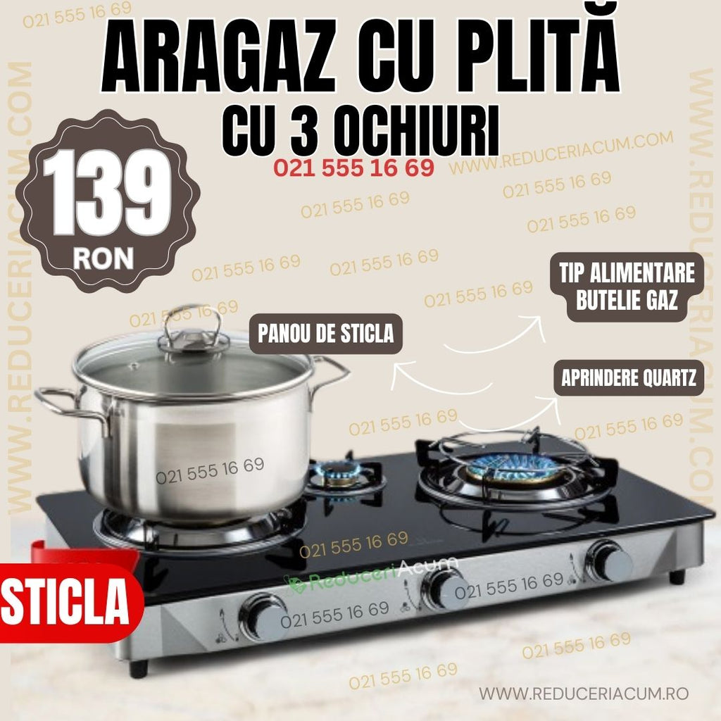 Aragaz cu plita d sticla si 3 ochiinuri, alimentare GPL Butelie