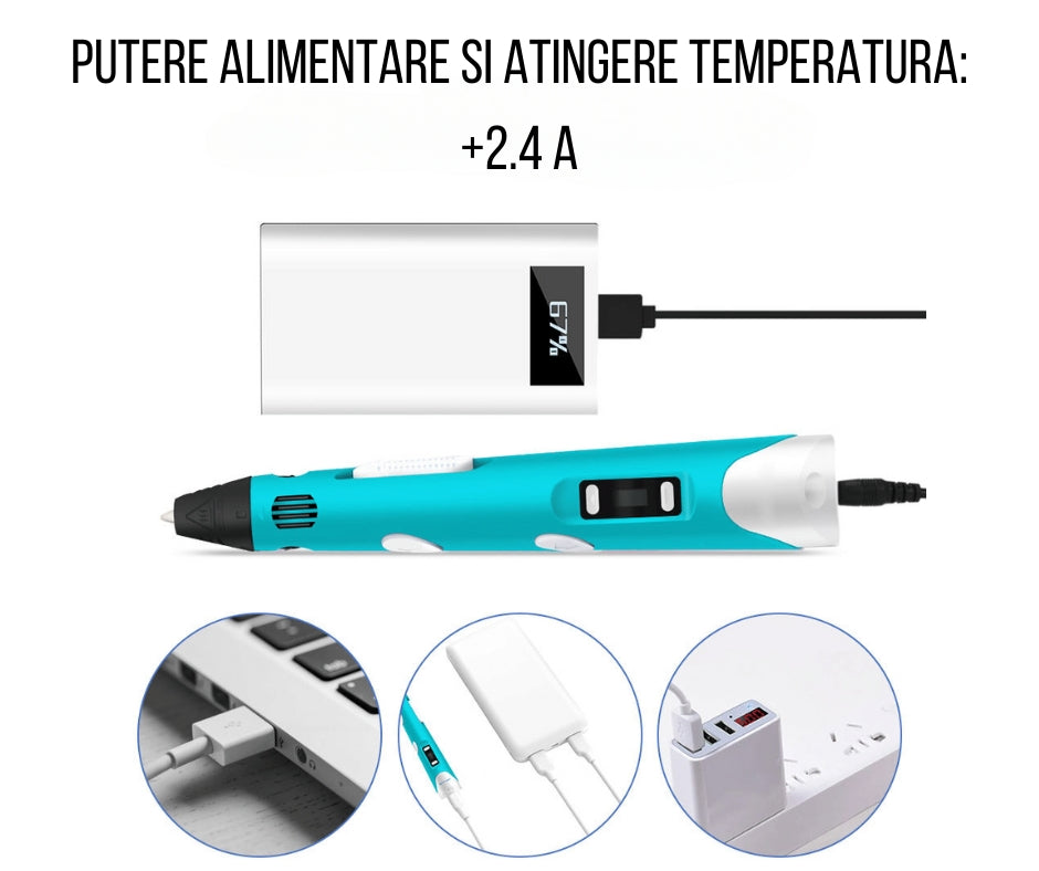 Creion Inteligent de Imprimare 3D Culori Diverse Afisaj Digital, 3 X Filament PLA 1,75mm Inclus, Desen 3D