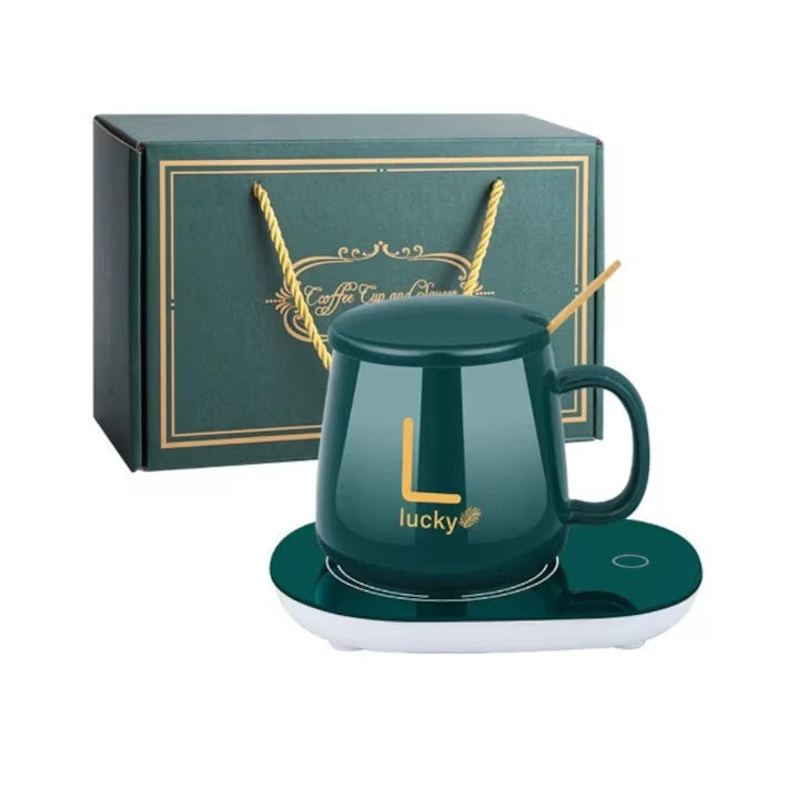 1+1 GRATIS! Cana ceramica Inteligenta Lucky pentru Incalzire Automata a Bauturilor, Cafea, Lapte, Ceai, 55°C, cu Capac si Lingurita, Verde Regal, 350 ml