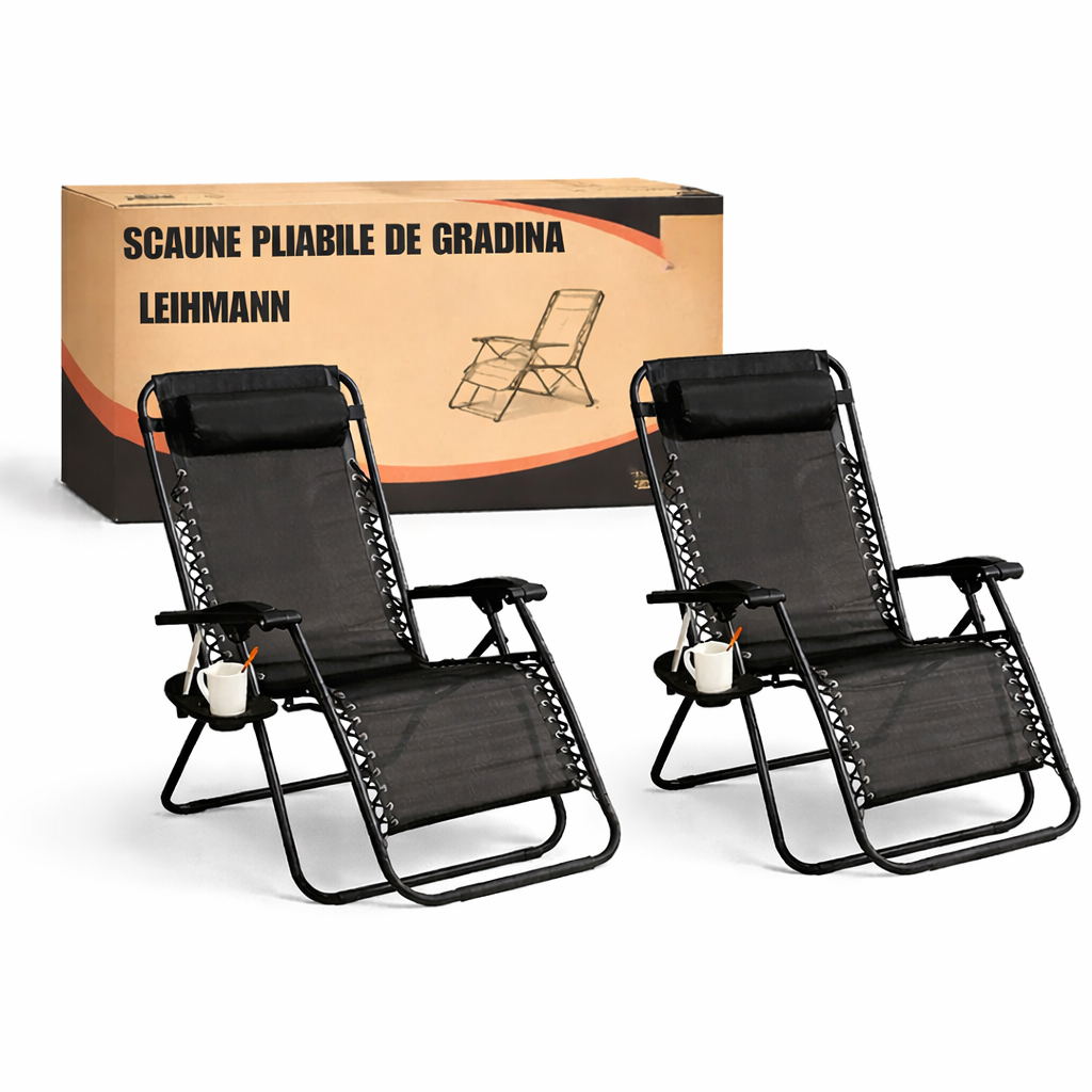 Set 2 Sezlong Scaun Pliabil din Textilen, Negru, 90x65x110cm