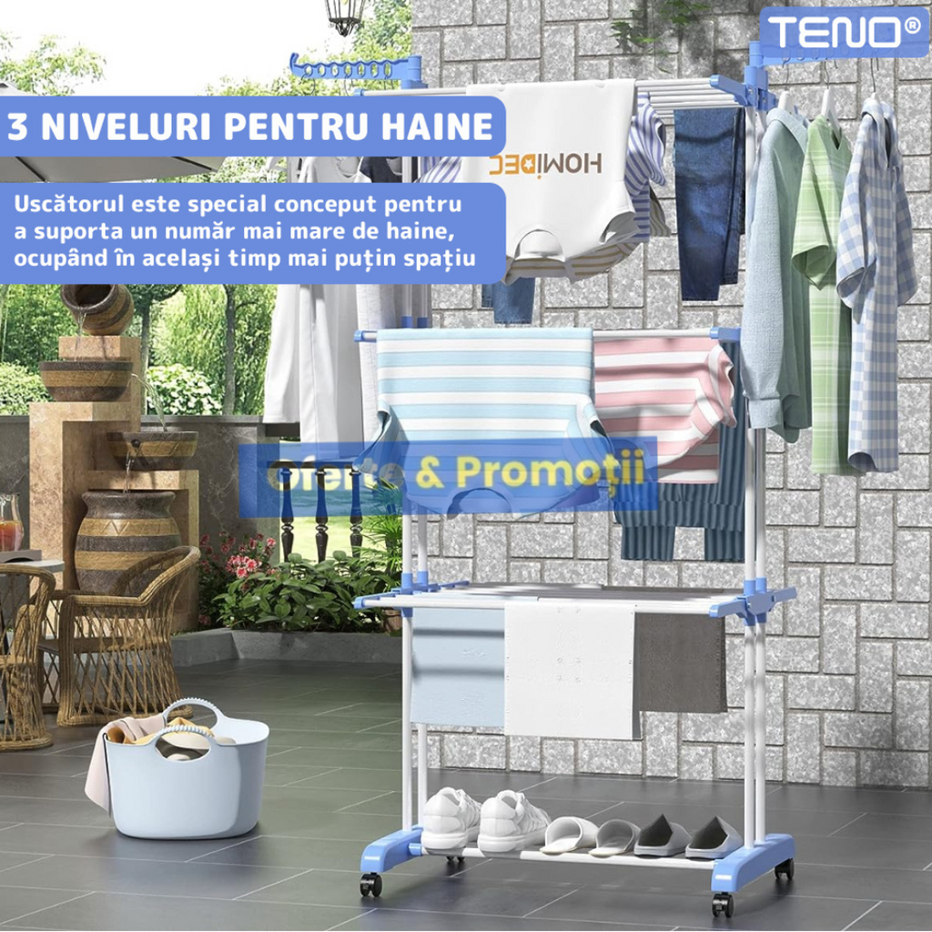 Uscator Vertical pentru Rufe si Haine, 3 niveluri, mobil, pliabil, pentru spatii mici, suport umerase, cadru rezistent, inaltime 175cm, albastru