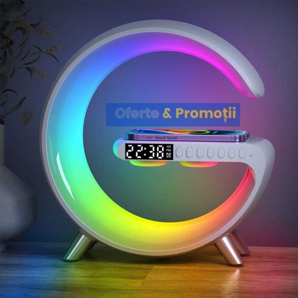 Statie Incarcare Wireless 3 in 1 cu lampa RGB, Boxa Bluetooth, Difuzor 5W, Ceas Digital Cu Alarma , Lumini Ambientale, Sincronizare muzicala , USB, FM Radio, MicroSD ,Control Aplicatie, Alb