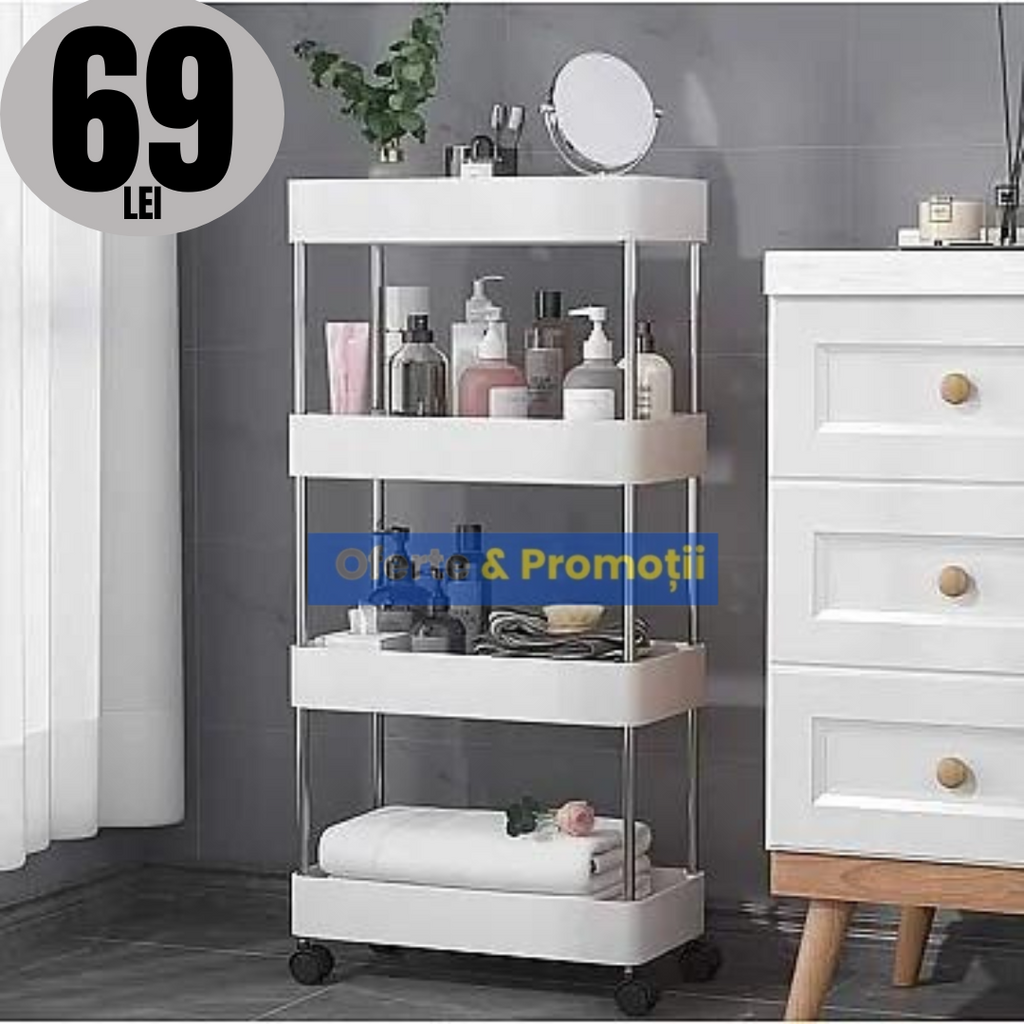 Suport depozitare, cu 4 rafturi si roti, pentru baie sau bucatarie
