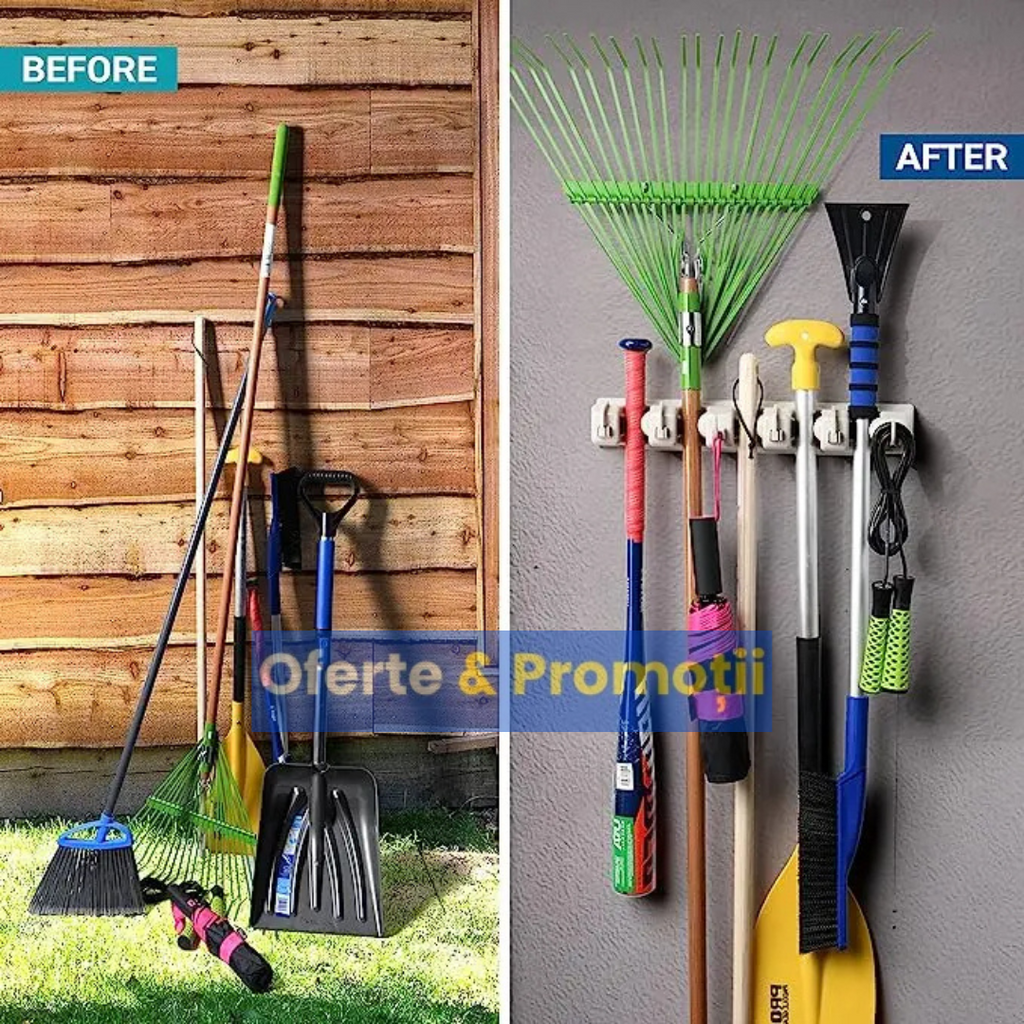 Suport de perete pentru maturi si mopuri Broom Holder, 4 spatii si 5 carlige