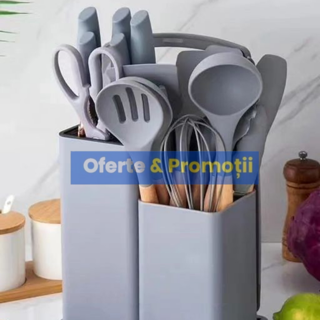 Set bucatarie de 12 ustensile de din silicon termorezistent si maner din lemn natural