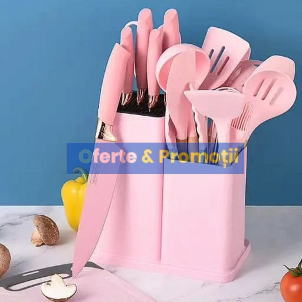 Set bucatarie de 12 ustensile de din silicon termorezistent si maner din lemn natural, ROZ