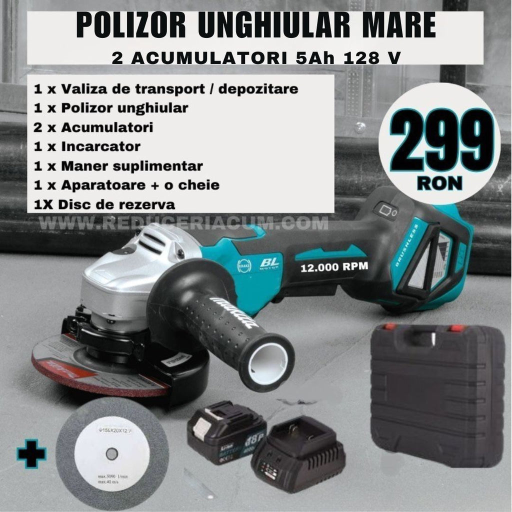 POLIZOR UNGHIULAR , FLEX CU ACUMULATOR , LEICH MANN , 2 ACUMULATORI 48 V 6 AH , 11.000 RPM , XGT, ALBASTRU