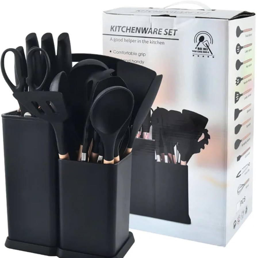 Set bucatarie de 12 ustensile de din silicon termorezistent si maner din lemn natural